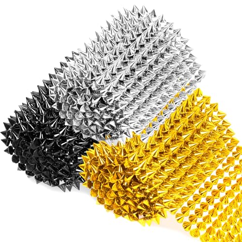 Rustark 3Pcs 3 Yards Sew Stitch On Spike Stud Set, Gold Silver Black Spikes Mesh Rivets Flat Back Spike Studs Pointed Spike Studs Trim Bead Spikes for Punk Rock Clothing DIY Craft Decor - Image 1