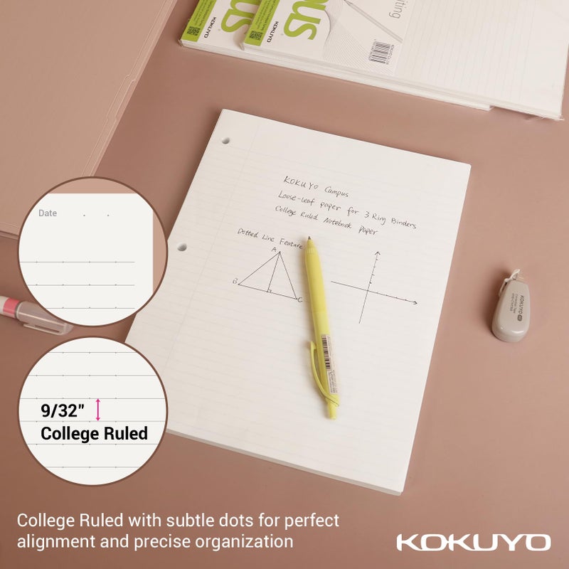 Kokuyo ورق كوكيو كامبوس Loose Leaf لملفات 3 حلقات، 11 بوصة × 8-1/4 بوصة، ورق كتابة ناعم مخطط، 500 ورقة، 70 جرام/متر مربع، مقاس جامعي، مقاوم للتسرب، مستلزمات مدرسية، صنع في اليابان (WSG-NO-887G1x5) - Image 4