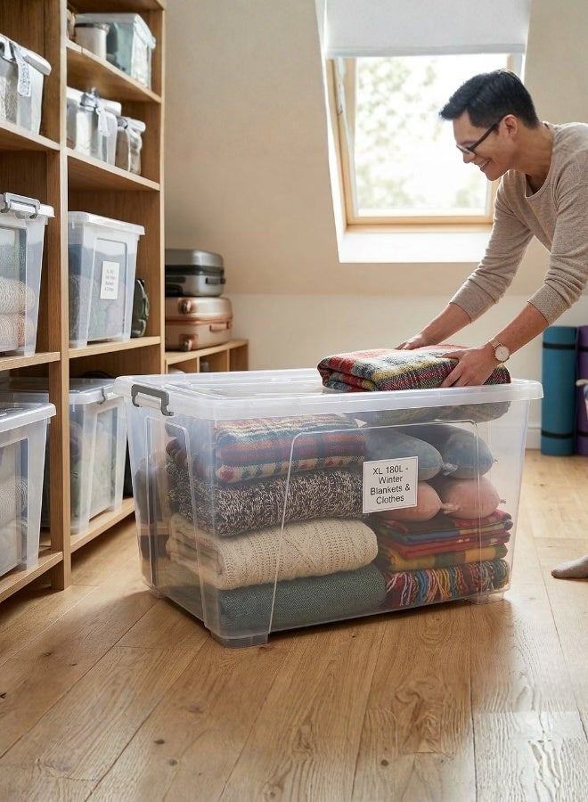Marcolo Storage Box 180L Transparent Plastic Organizer with Wheels and Lid Heavy Duty Multipurpose Container - Image 1