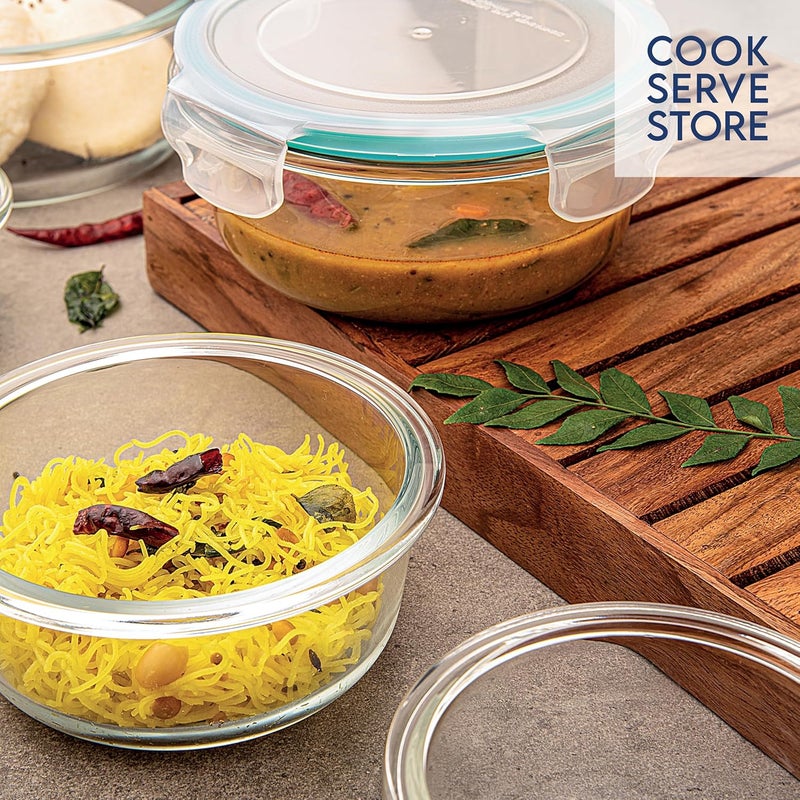 La Opala Cook Serve Store 100% Borosilicate Glass Storage Container | Clip N Store with Air-Tight Snap Lid | Round 400 ml | Microwave & Oven Proof | Dishwasher & Freezer Proof | Transparent - Image 3