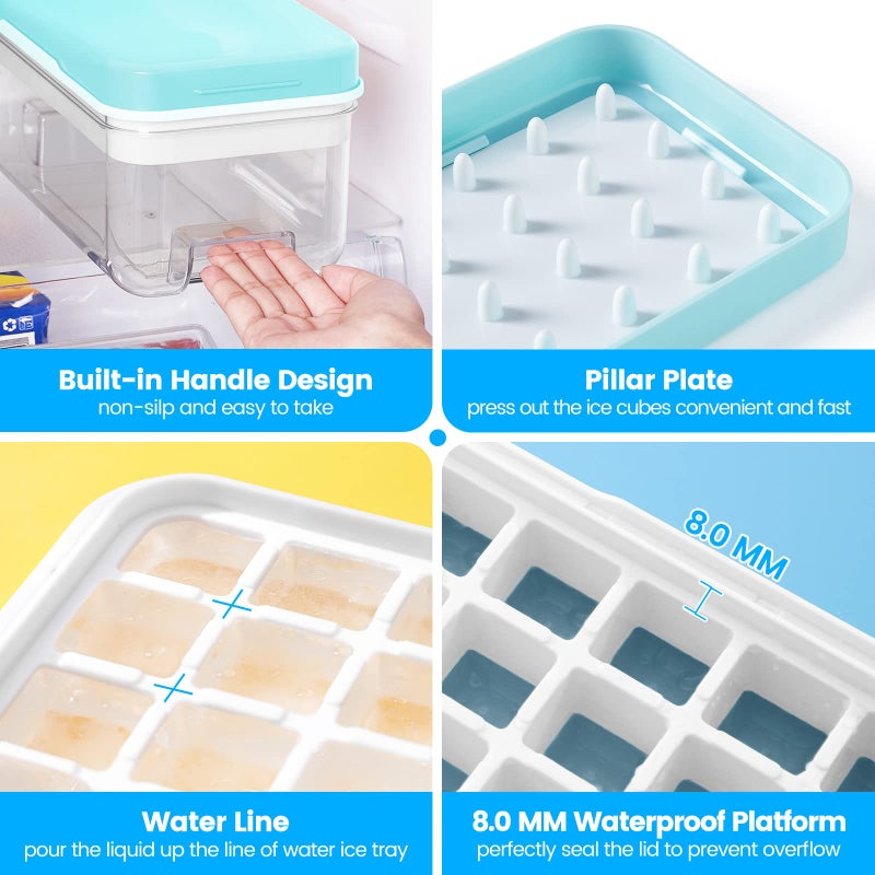 PHINOX Ice Cube Tray with Lid and Bin, PHINOX 64 pcs Ice Trays for Freezer, Ice Cube Trays for Freezer with 2 trays, Container, Lid & Ice Scoop, BPA Free - Image 3