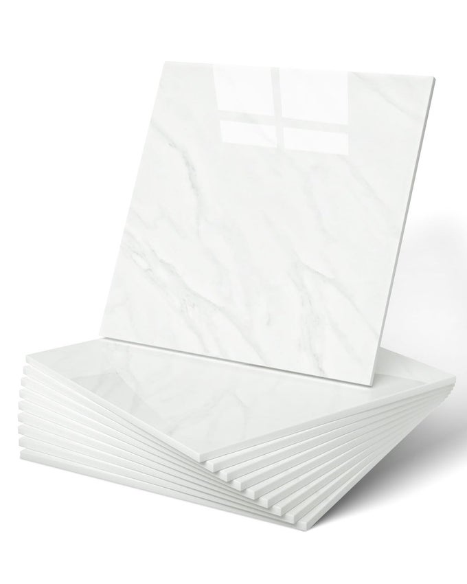 20PCS WATERPROOF PEEL AND STICK MARBLE WALL TILES 118X118 SELFADHESIVE PVC PANELS FOR BATHROOM KITCHEN AND LIVING ROOM EARL WHITE NOT REAL TILE