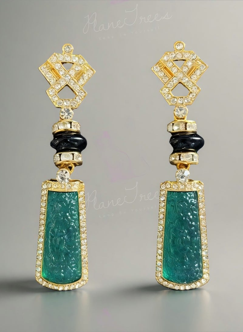 PLANE TREES Green Carved Drop Earrings – Gold Frame with Crystal Accents & Black Beads – Elegant Oriental-Inspired Jewelry for Women - Image 1