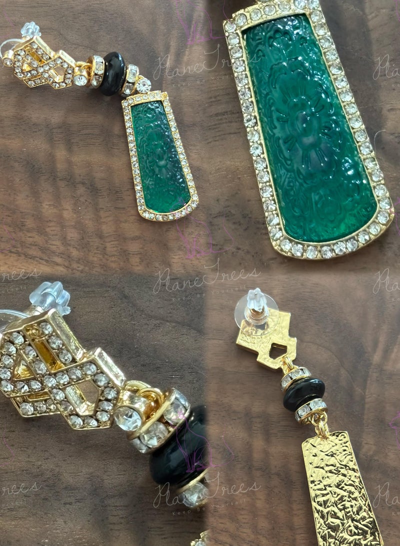 PLANE TREES Green Carved Drop Earrings – Gold Frame with Crystal Accents & Black Beads – Elegant Oriental-Inspired Jewelry for Women - Image 2
