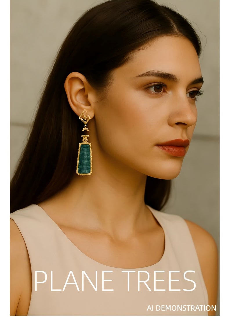 PLANE TREES Green Carved Drop Earrings – Gold Frame with Crystal Accents & Black Beads – Elegant Oriental-Inspired Jewelry for Women - Image 3