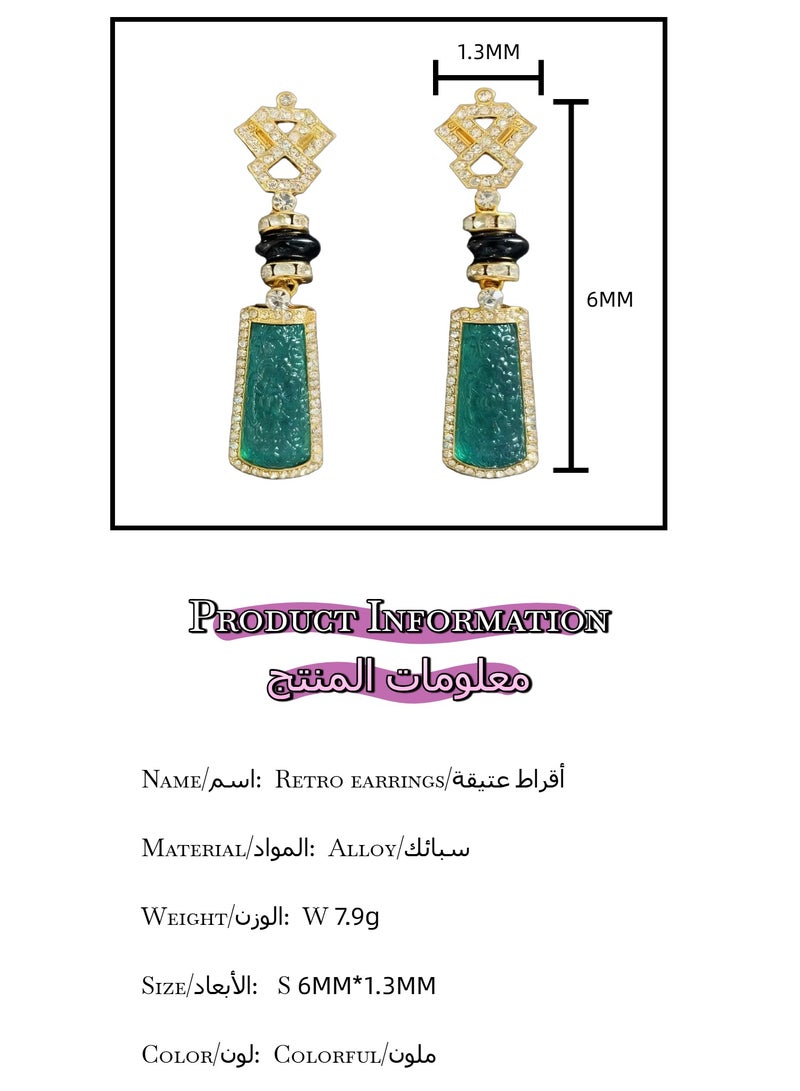 PLANE TREES Green Carved Drop Earrings – Gold Frame with Crystal Accents & Black Beads – Elegant Oriental-Inspired Jewelry for Women - Image 4