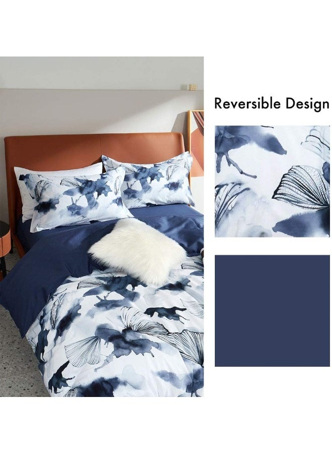 MILDLY 100% Long Staple Cotton Duvet Cover Set Dark Blue Ginkgo Leaf Watercolor Comforter Cover Set - Image 3