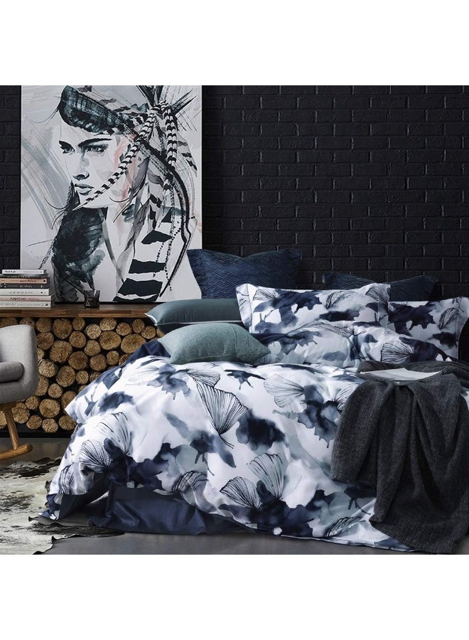 MILDLY 100% Long Staple Cotton Duvet Cover Set Dark Blue Ginkgo Leaf Watercolor Comforter Cover Set - Image 1