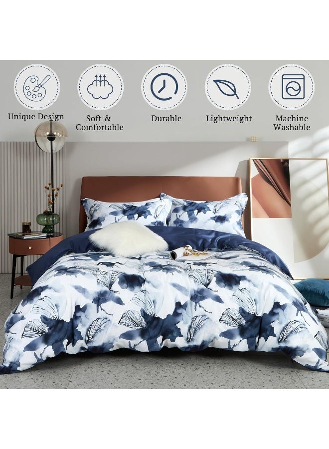 MILDLY 100% Long Staple Cotton Duvet Cover Set Dark Blue Ginkgo Leaf Watercolor Comforter Cover Set - Image 2