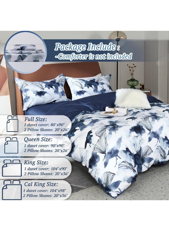 MILDLY 100% Long Staple Cotton Duvet Cover Set Dark Blue Ginkgo Leaf Watercolor Comforter Cover Set - Image 5
