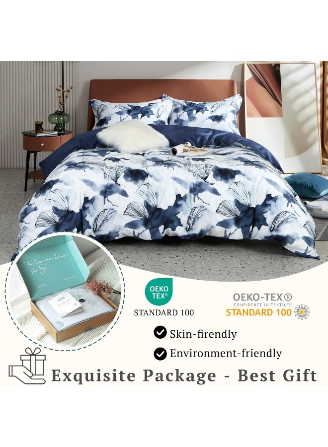 MILDLY 100% Long Staple Cotton Duvet Cover Set Dark Blue Ginkgo Leaf Watercolor Comforter Cover Set - Image 4