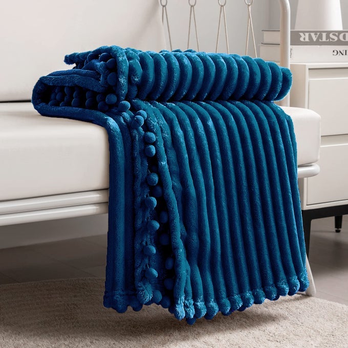 FLEECE BLANKET TWIN SIZE 60X80 BLUE SOFT PLUSH FLUFFY FUZZY WARM COZY PERFECT THROW FOR COUCH BED SOFA WITH POMPOM FRINGE FLANNEL BLANKET