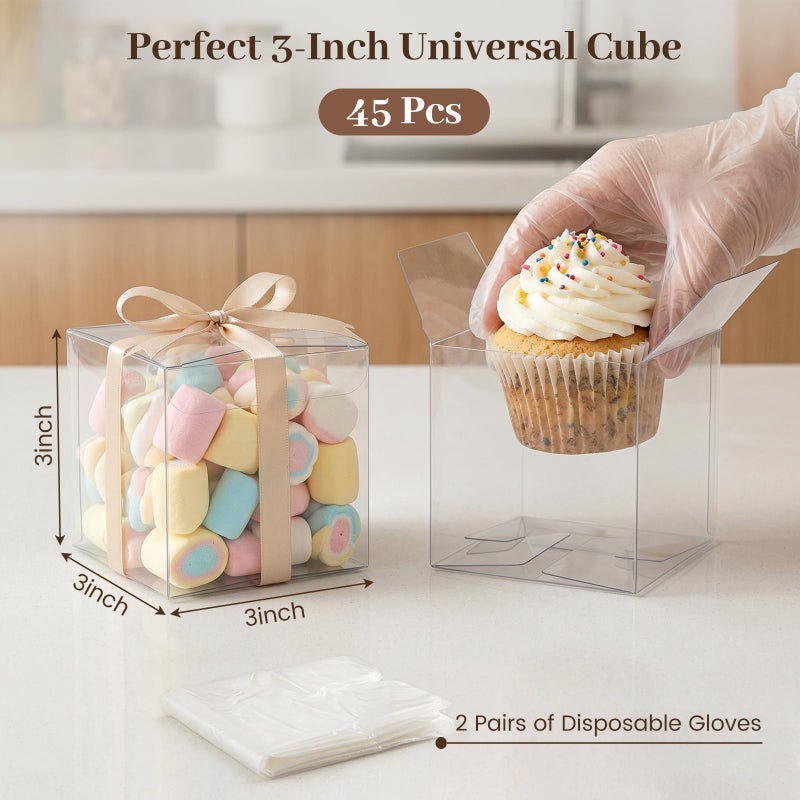 VGOODALL 45 Pcs Clear Favor Boxes, 3x3x3 Inch Large Transparent Plastic Cube Boxes for Candy, Cookies, Mini Cupcakes, Wedding, Birthday, Baby Shower Party Treats - Image 2