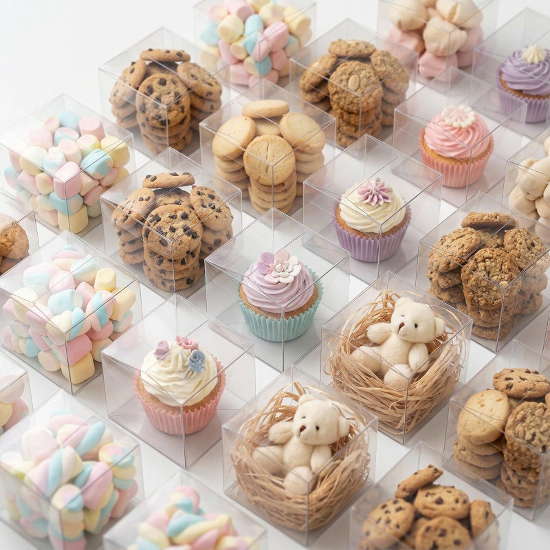VGOODALL 45 Pcs Clear Favor Boxes, 3x3x3 Inch Large Transparent Plastic Cube Boxes for Candy, Cookies, Mini Cupcakes, Wedding, Birthday, Baby Shower Party Treats - Image 1
