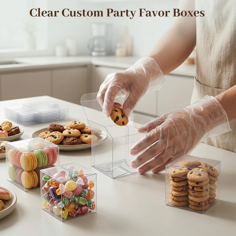VGOODALL 45 Pcs Clear Favor Boxes, 3x3x3 Inch Large Transparent Plastic Cube Boxes for Candy, Cookies, Mini Cupcakes, Wedding, Birthday, Baby Shower Party Treats - Image 5