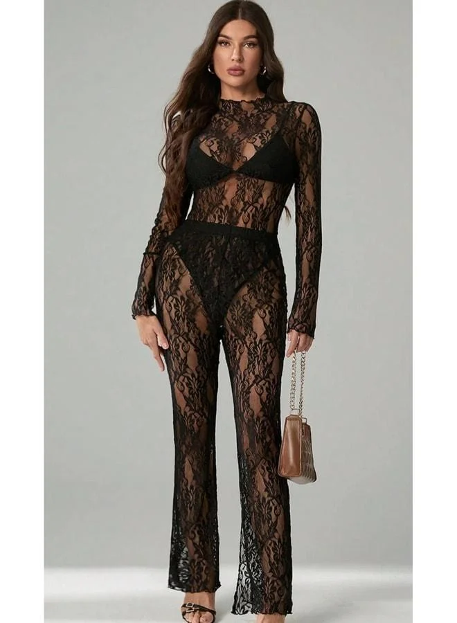 VEILLE Women's Transparent Lace Bodysuit and Pants Set - Sexy Night Club Combination Clubwear Party Outfit.
