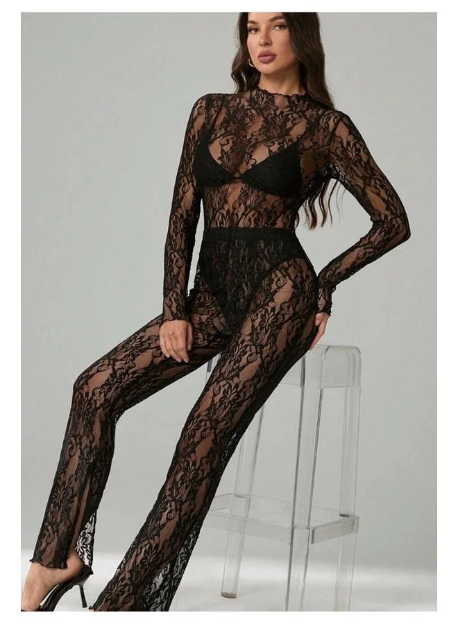 VEILLE Women's Transparent Lace Bodysuit and Pants Set - Sexy Night Club Combination Clubwear Party Outfit.