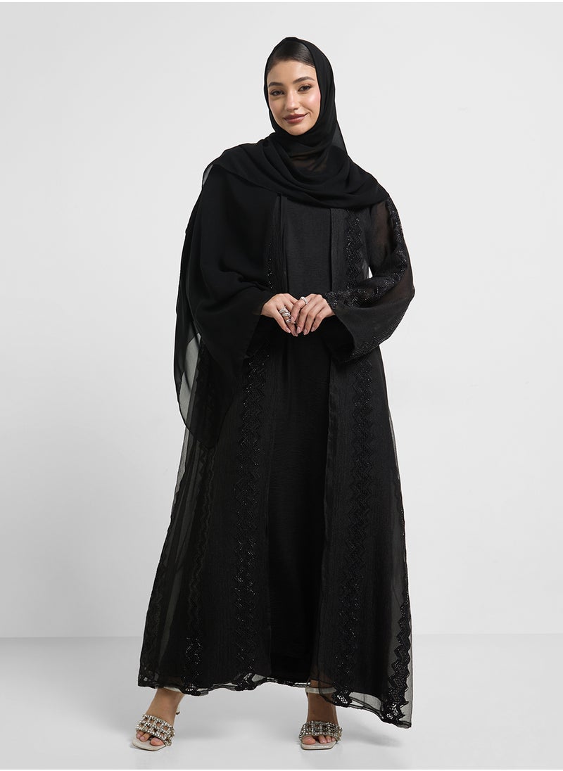hayas closet crew-neck embroidered flared sleeve abaya  - Image 1