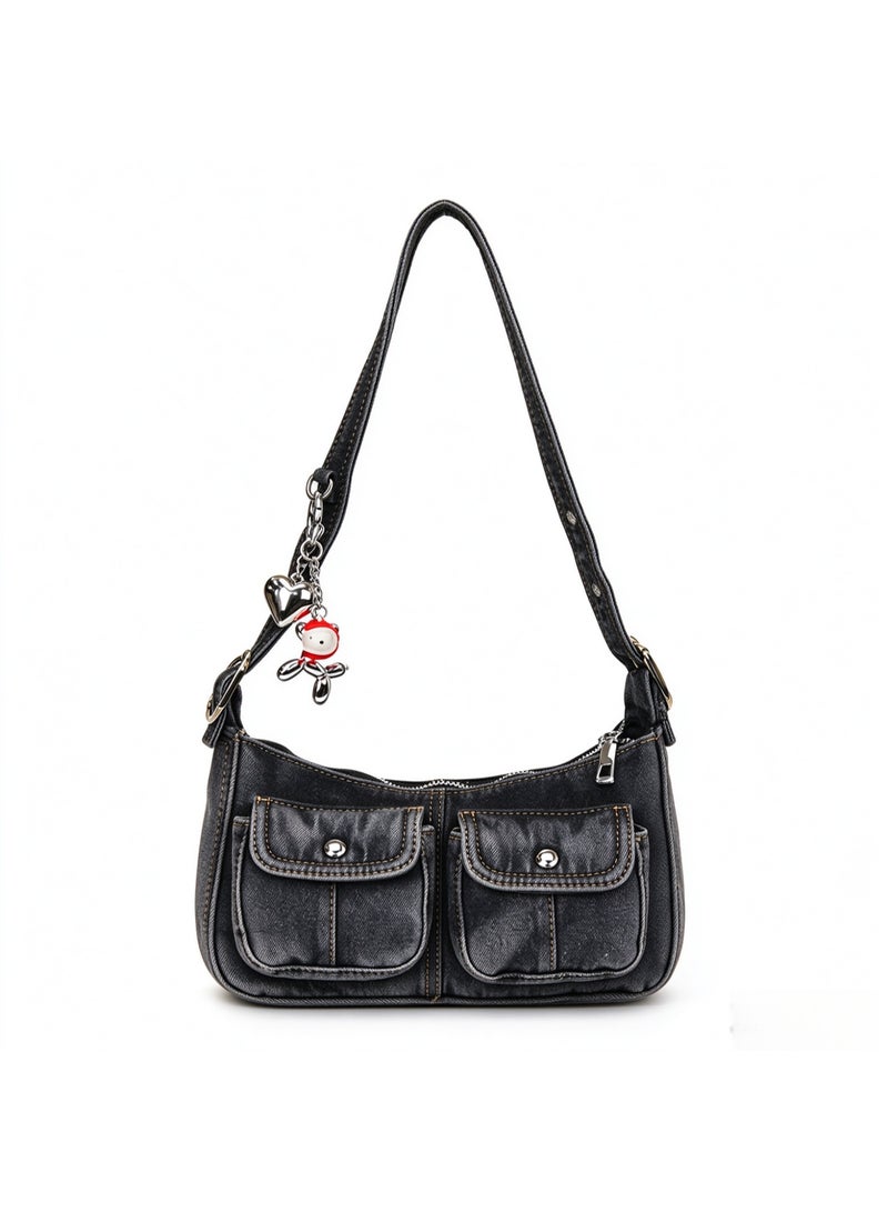 Cloovvie Women Retro Washed Denim Shoulder Bag Y2K Vintage Underarm Hobo Purse Adjustable Strap Casual Crossbody Handbag with Decor Charm for Daily Shopping Travel - Image 2
