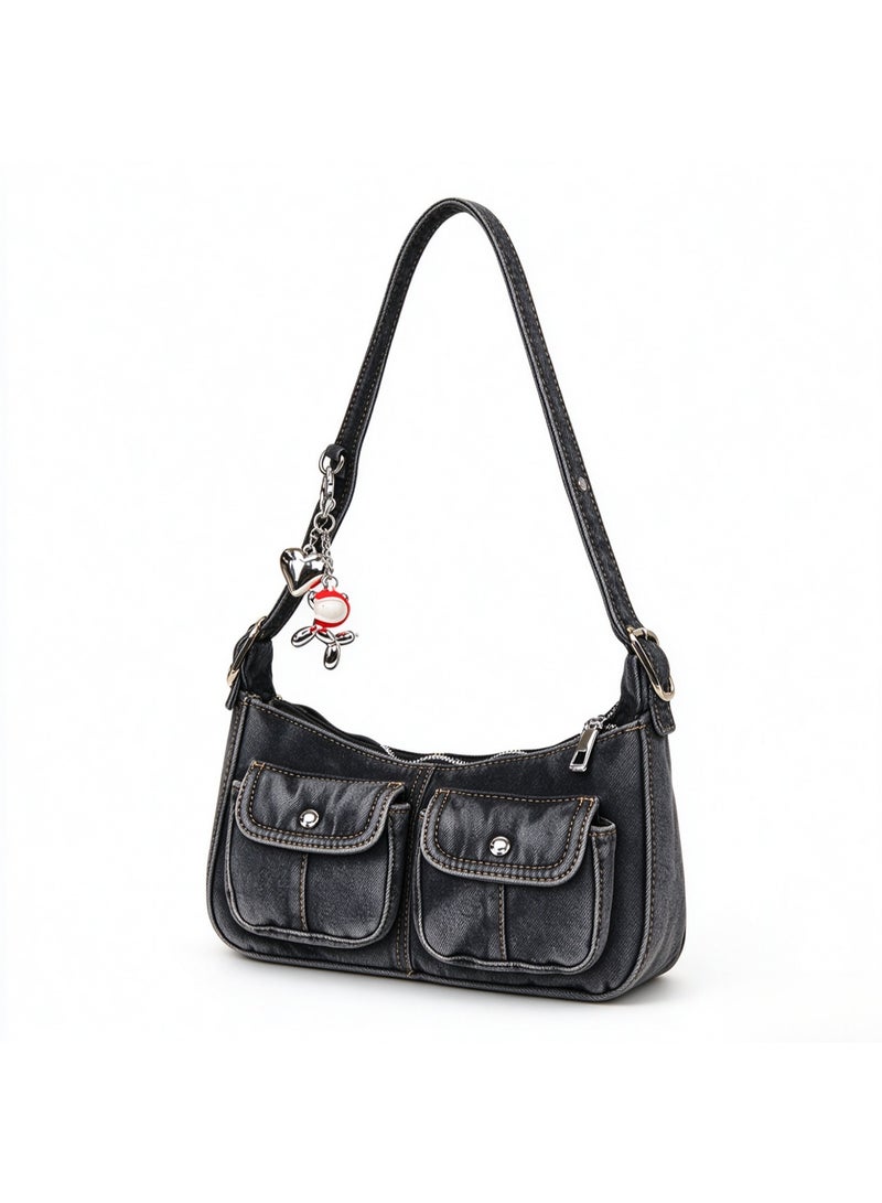 Cloovvie Women Retro Washed Denim Shoulder Bag Y2K Vintage Underarm Hobo Purse Adjustable Strap Casual Crossbody Handbag with Decor Charm for Daily Shopping Travel - Image 1