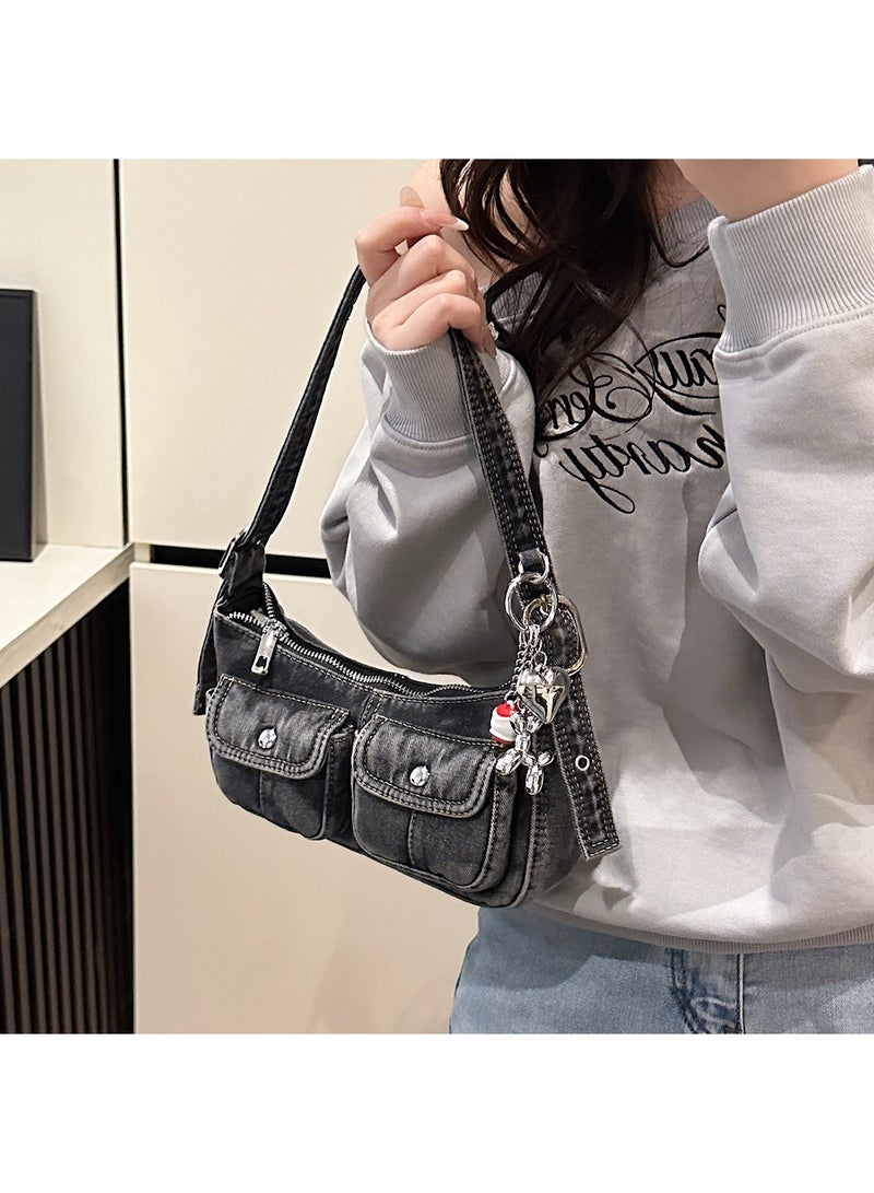 Cloovvie Women Retro Washed Denim Shoulder Bag Y2K Vintage Underarm Hobo Purse Adjustable Strap Casual Crossbody Handbag with Decor Charm for Daily Shopping Travel - Image 5