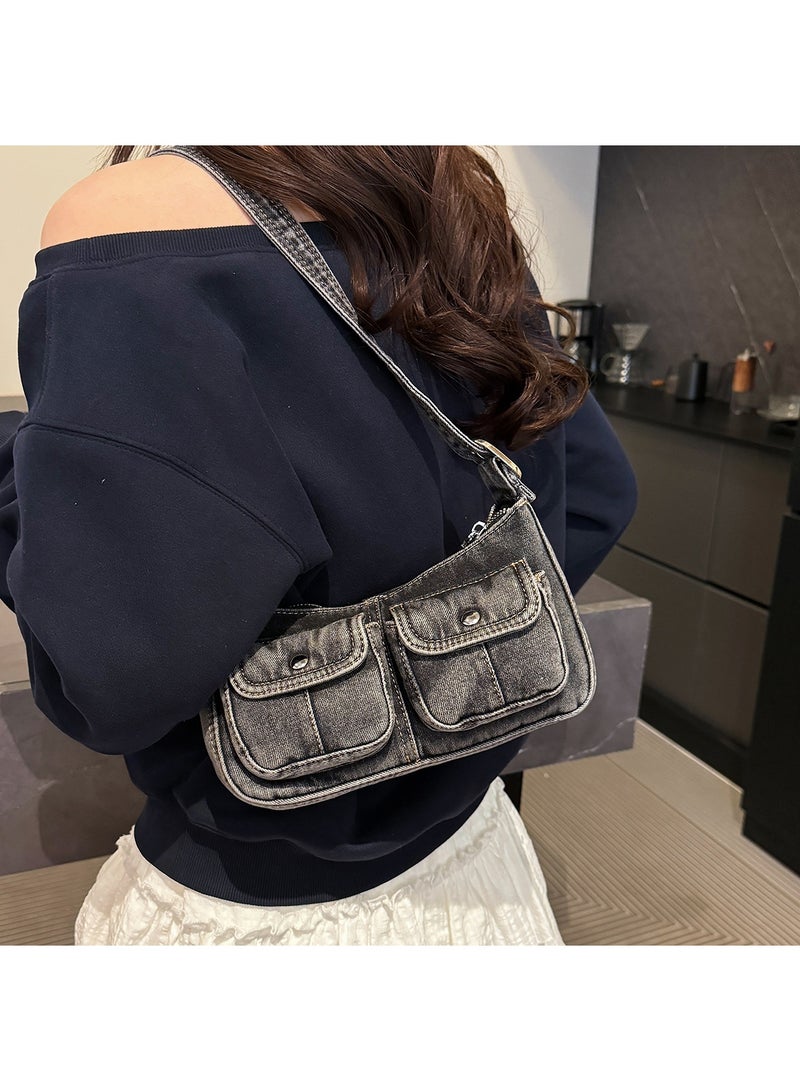 Cloovvie Women Retro Washed Denim Shoulder Bag Y2K Vintage Underarm Hobo Purse Adjustable Strap Casual Crossbody Handbag with Decor Charm for Daily Shopping Travel - Image 4