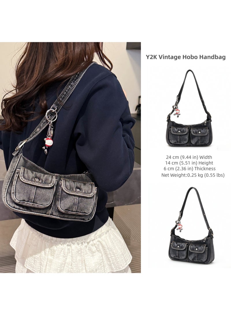 Cloovvie Women Retro Washed Denim Shoulder Bag Y2K Vintage Underarm Hobo Purse Adjustable Strap Casual Crossbody Handbag with Decor Charm for Daily Shopping Travel - Image 3