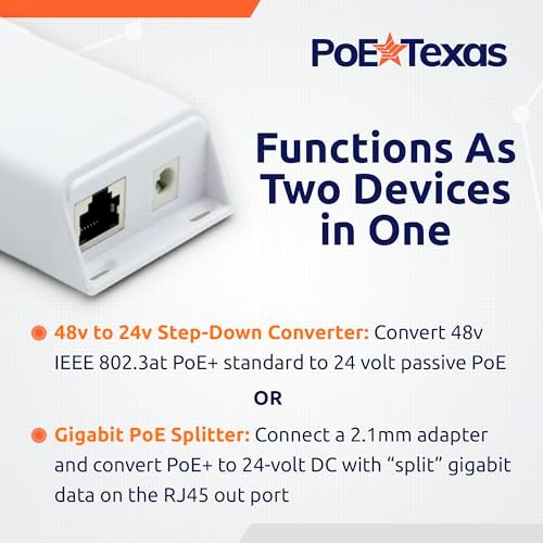 PoE Texas محول PoE Texas 48v إلى 24v - مقسم PoE مدمج مع 24 فولت 25 واط PoE أو تيار مستمر - يحول IEEE 802.3at PoE+ إلى 24V PoE سلبي أو خرج تيار مستمر 24V مع بيانات جيجابت لأجهزة Ubiquiti و Mikrotik - Image 3
