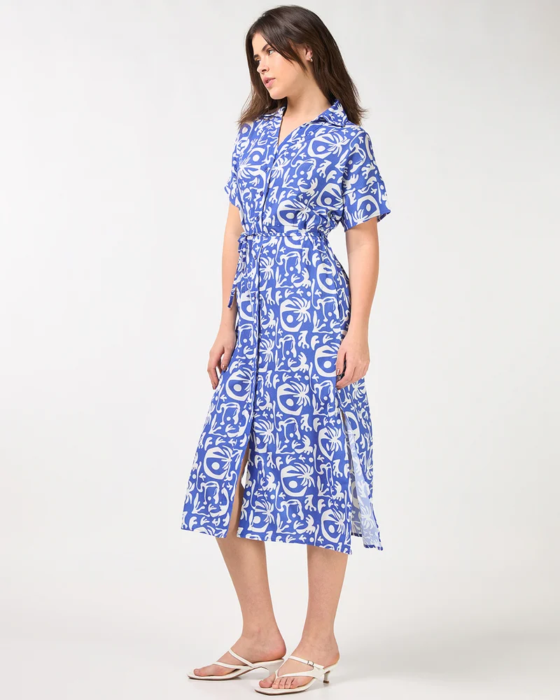 bewakoof Women's Nebulas Blue & White All Over Printed Relaxed Fit Shirt Dress