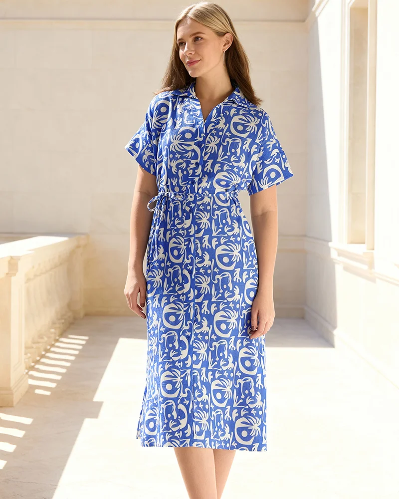 bewakoof Women's Nebulas Blue & White All Over Printed Relaxed Fit Shirt Dress