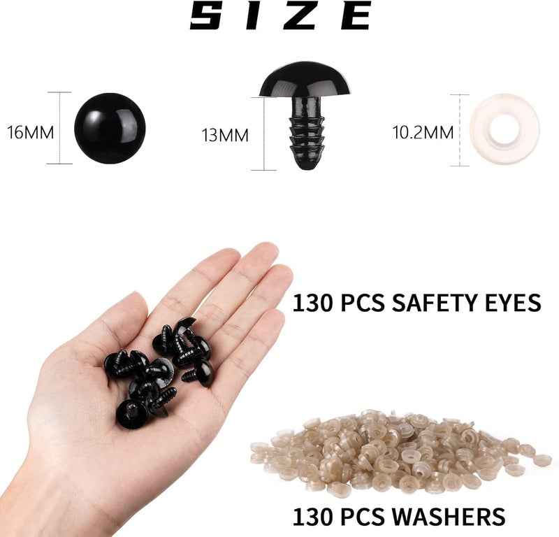 Vanblue 260pcs 16mm Safety Eyes for Amigurumi with Washers Black Safety Eyes for Crocheting Plastic Crochet Eyes for Stuffed Animals Doll Animals for Teddy Bear Crafts Making Halloween Decorations - Image 2