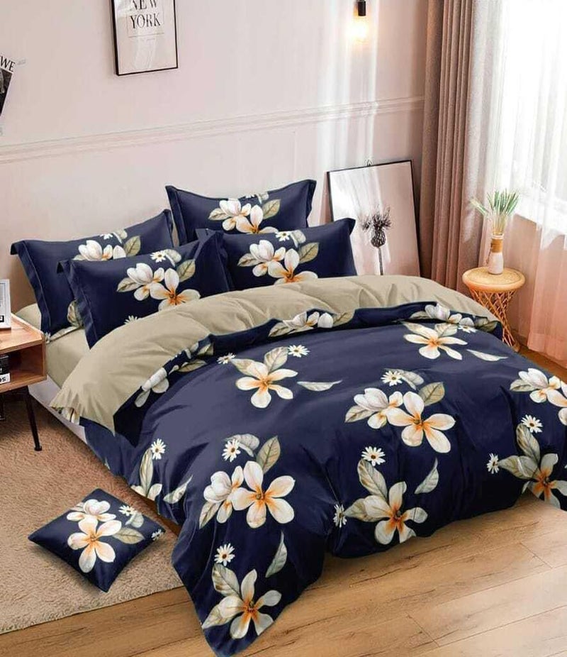 Sky Tex Navy Blue Color 300 TC Glace Cotton 3D Flowers Printed Double Bed Comforter Set (1 Comforter, 1 Bed Sheet & 2 Pillow Covers)