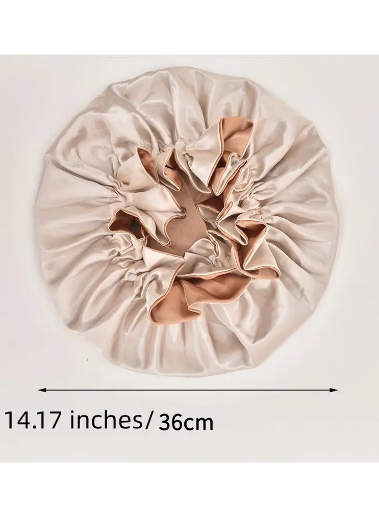 Rozino Extra Large Double-Layer Satin Sleep Cap for Women - Elastic Ruffled Edge Hair Bonnet, Lightweight & Adjustable Fit, Beige/Light Brown, Polyester, Hand Wash or Dry Clean  - Image 3