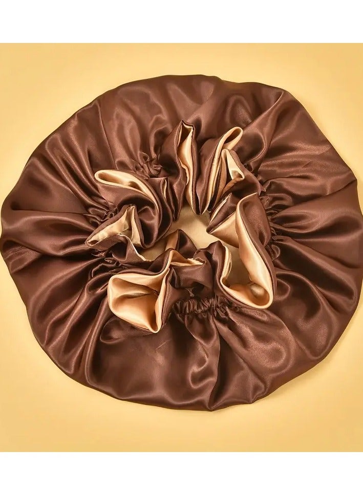Rozino Extra Large Double-Layer Satin Sleep Cap for Women - Elastic Ruffled Edge Hair Bonnet, Lightweight & Adjustable Fit, Beige/Light Brown, Polyester, Hand Wash or Dry Clean  - Image 4