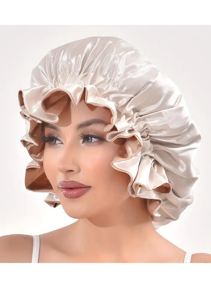 Rozino Extra Large Double-Layer Satin Sleep Cap for Women - Elastic Ruffled Edge Hair Bonnet, Lightweight & Adjustable Fit, Beige/Light Brown, Polyester, Hand Wash or Dry Clean  - Image 5