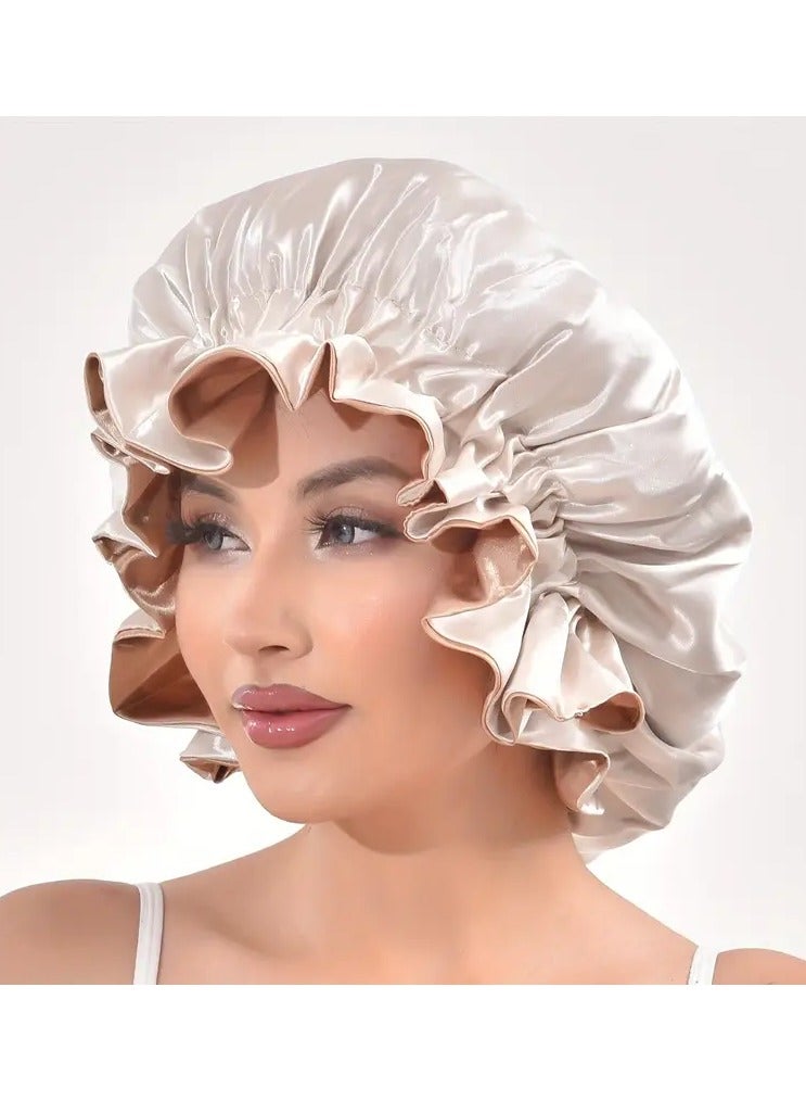 Rozino Extra Large Double-Layer Satin Sleep Cap for Women - Elastic Ruffled Edge Hair Bonnet, Lightweight & Adjustable Fit, Beige/Light Brown, Polyester, Hand Wash or Dry Clean  - Image 1