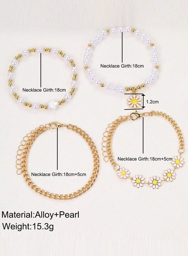 KHAJUL 4-Piece Daisy Flower Bracelet, Pearl Beaded Flower Bracelet, Multilayer Bracelet Set Flower Bracelet Women Jewelry - Image 3