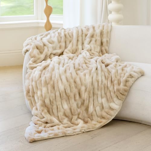Luxury Faux Fur Throw Blanket with Stretch Ruched Design Cozy Faux Fur Blanket 50x60 Inches Tie Light Camel  Soft Plush Blanket for Bed Couch