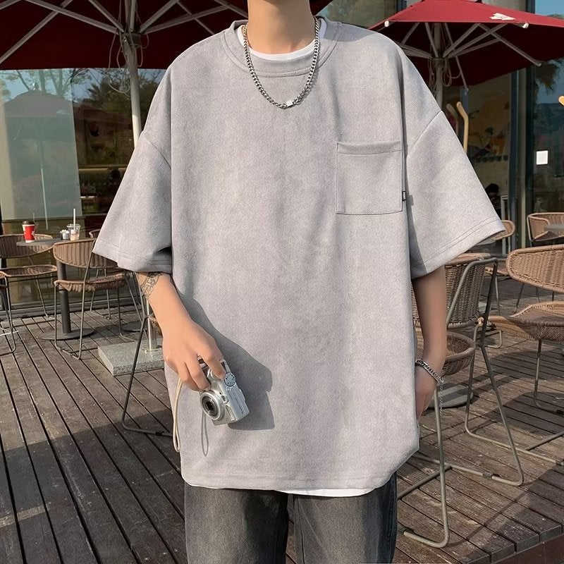 New American Style Casual T-shirt oversize Men's Short Sleeve Simple Pocket Crewneck T-shirt Summer Half Sleeve - Image 1