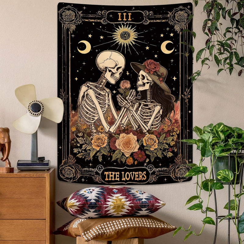 Kanuyee The Lovers Skeleton Tapestry for Bedroom Wall Hanging Moon and Floral Design Tapestries for Living Room Decor 36 x 48 Inch Black and Rose - Image 4