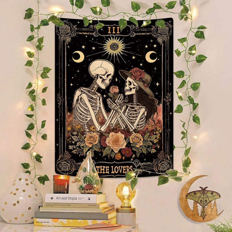 Kanuyee The Lovers Skeleton Tapestry for Bedroom Wall Hanging Moon and Floral Design Tapestries for Living Room Decor 36 x 48 Inch Black and Rose - Image 3