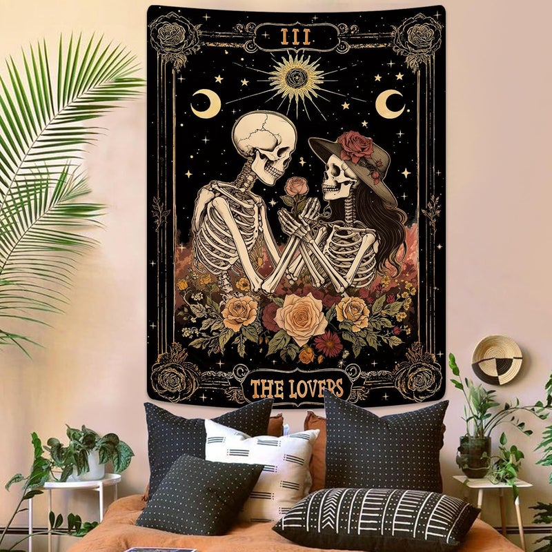 Kanuyee The Lovers Skeleton Tapestry for Bedroom Wall Hanging Moon and Floral Design Tapestries for Living Room Decor 36 x 48 Inch Black and Rose - Image 2