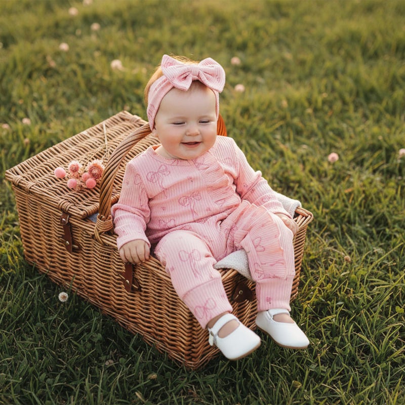 allshope Newborn Baby Girl Fall Outfit Bow Print Long Sleeve Full Length Zipper Front Ribbed Jumpsuit Infant Clothes (Color Pink, 3-6 Months) - Image 4