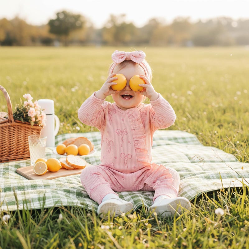 allshope Newborn Baby Girl Fall Outfit Bow Print Long Sleeve Full Length Zipper Front Ribbed Jumpsuit Infant Clothes (Color Pink, 3-6 Months) - Image 3