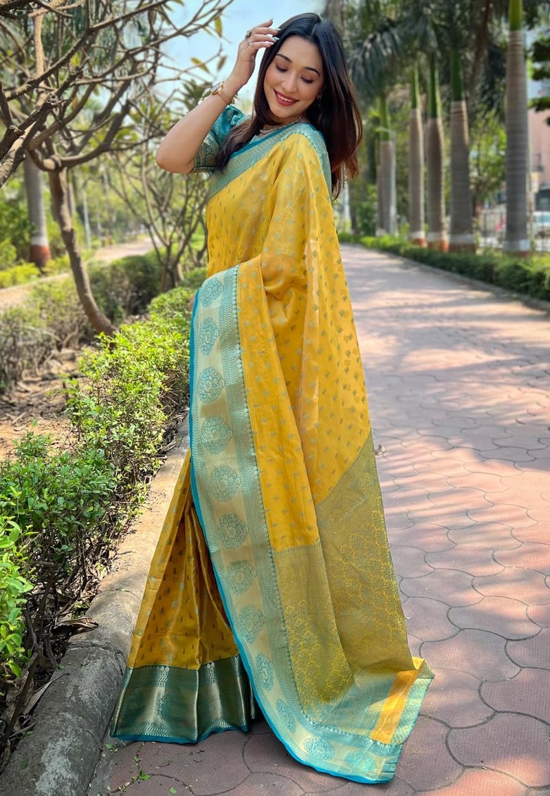 SGF11 Women's Kanjivaram Designer Soft Silk Sarees With Blouse Piece (Yellow) - Image 3