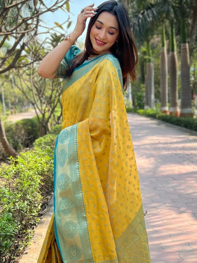 SGF11 Women's Kanjivaram Designer Soft Silk Sarees With Blouse Piece (Yellow) - Image 4