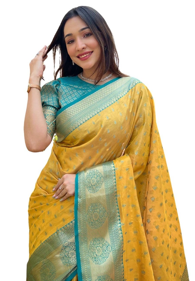 SGF11 Women's Kanjivaram Designer Soft Silk Sarees With Blouse Piece (Yellow) - Image 1