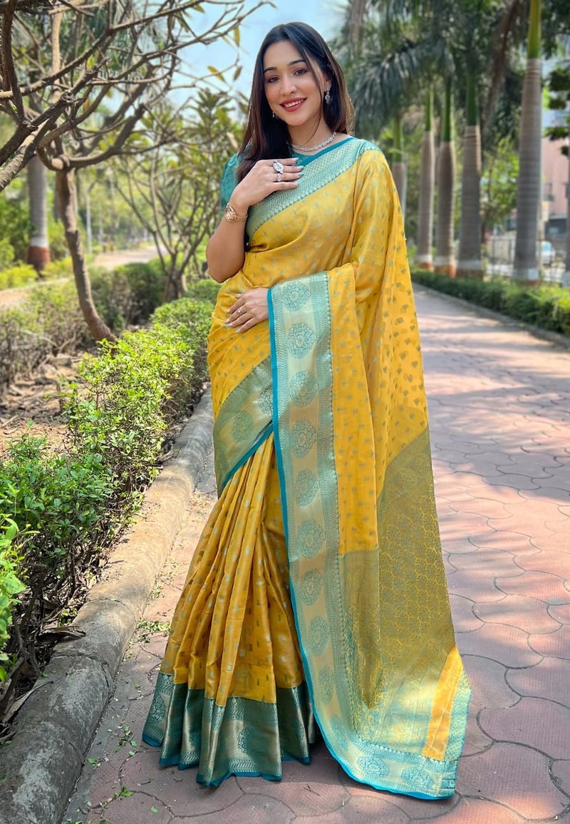 SGF11 Women's Kanjivaram Designer Soft Silk Sarees With Blouse Piece (Yellow) - Image 2