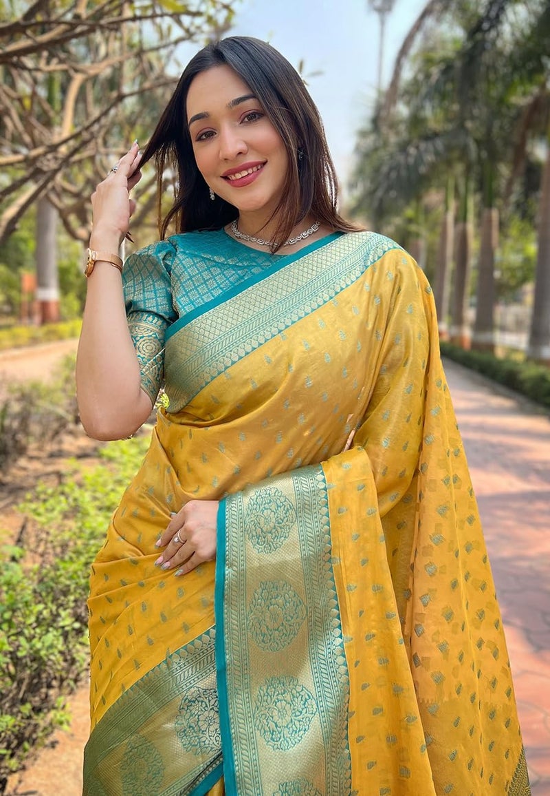 SGF11 Women's Kanjivaram Designer Soft Silk Sarees With Blouse Piece (Yellow) - Image 5