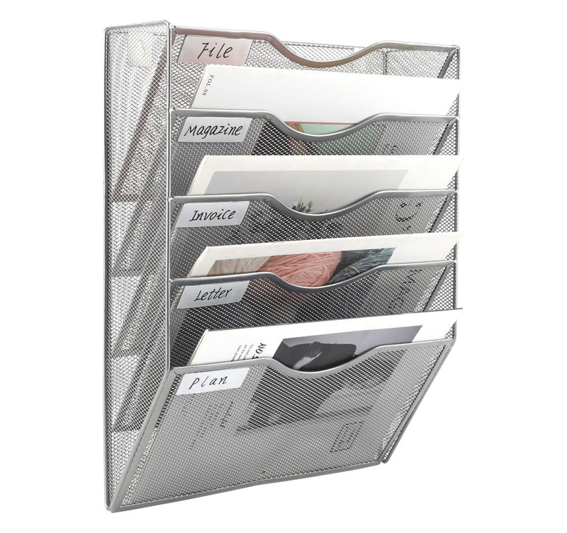 EasyPAG Hanging Wall File Organizer 5 Pocket Wall Mounted Mail Organizer Vertical Document Folder Holder with Nametag Label Space Saving Paper Storage Magazine Rack for Office Home School Silver